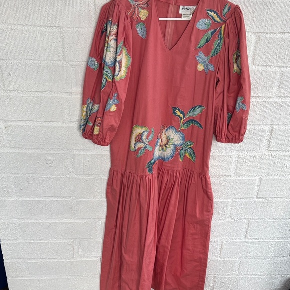 Vintage Felice LTD Drop Waist Embroidered Floral V-Neck Midi Dress sz S